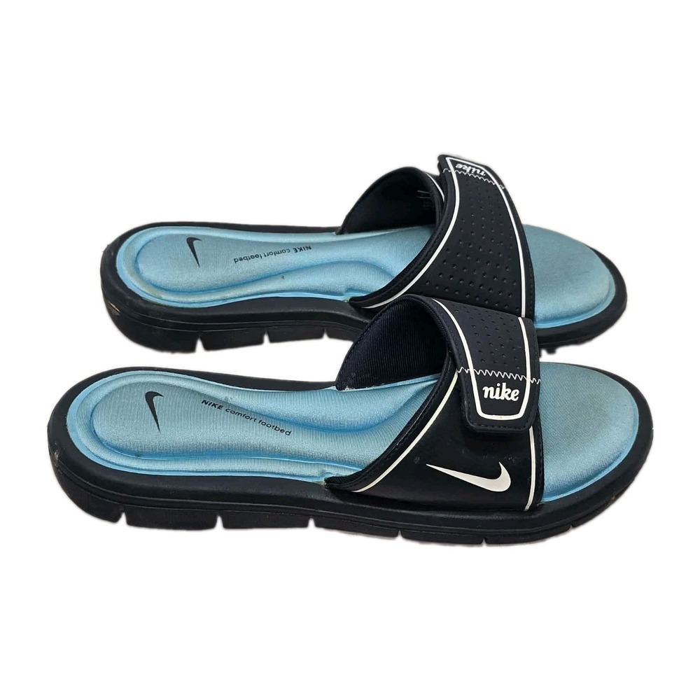 Nike Comfort Footbed Slides Women's 7 Black Teal Aqua Adjustable Strap Sandals